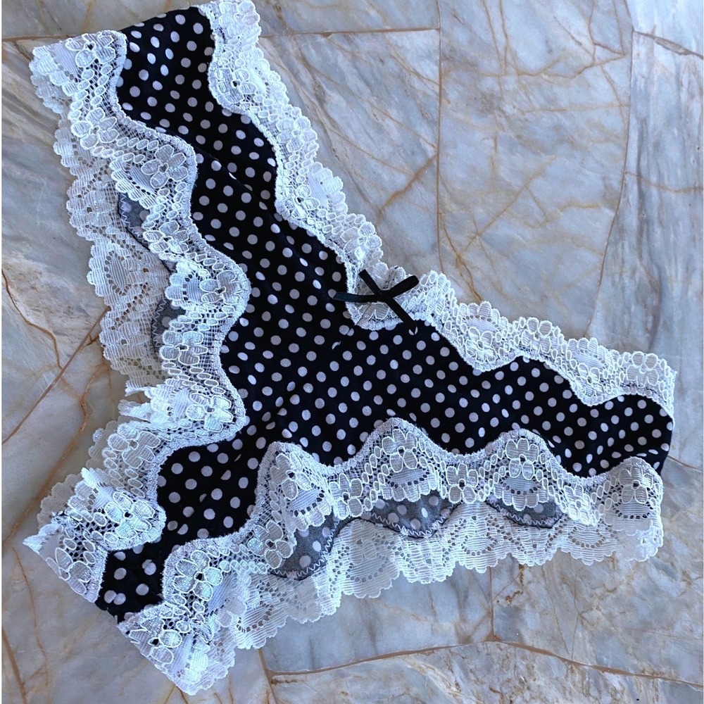 Victorias Secret Sexy Little Things Polka Dot Lace Ruffle Cheeky Panty XS Black